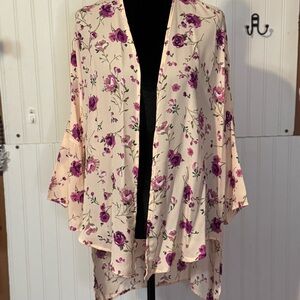 NWT Floral Open-Front Kimono Cardigan - Cream with Pink Floral Print Sz Lg